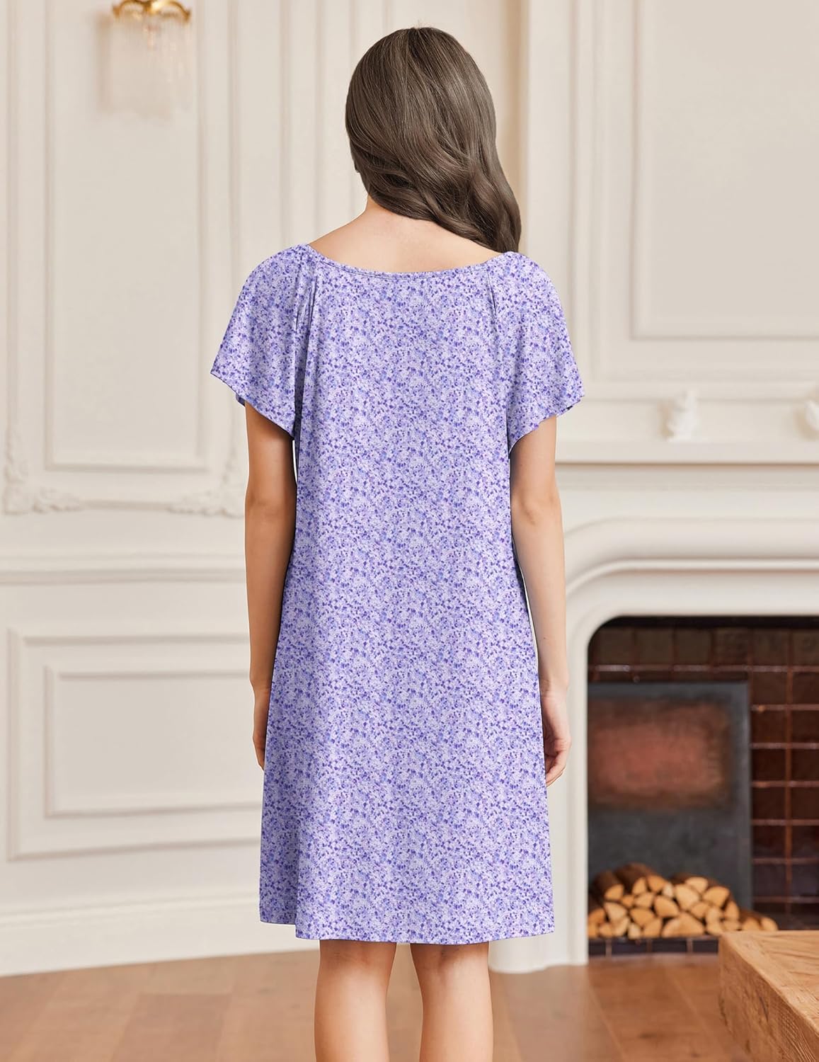 Back view of purple floral sleep shirt dress with lace-trim V-neck and short flutter sleeves