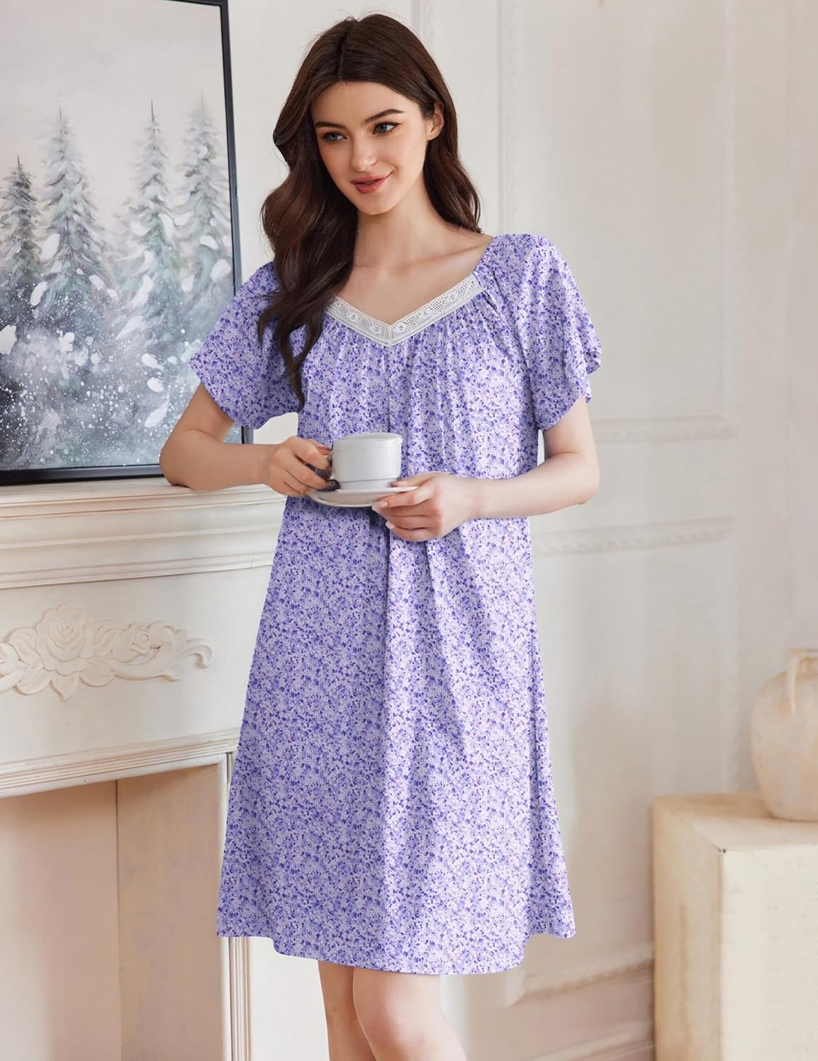 Purple floral sleep shirt dress with lace V-neck, short flutter sleeves, and flared pleats