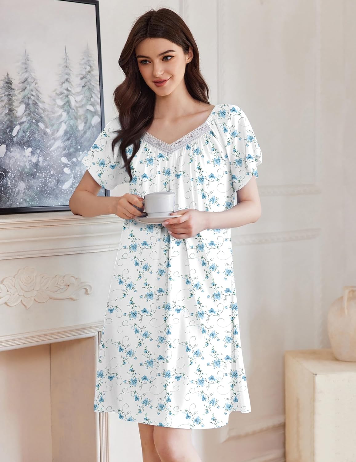 Floral sleep shirt nightdress with lace-trim V neck, white with blue floral print