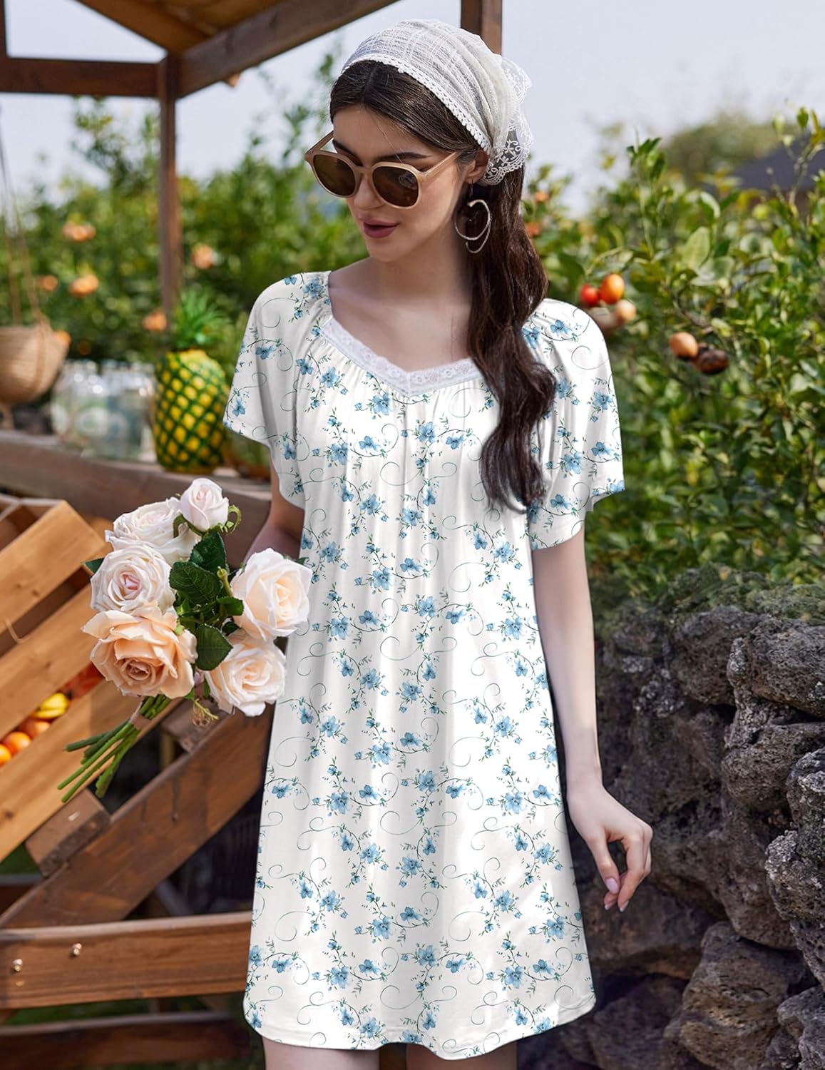 Blue floral sleep shirt nightdress with lace-trim V neck and short flutter sleeves