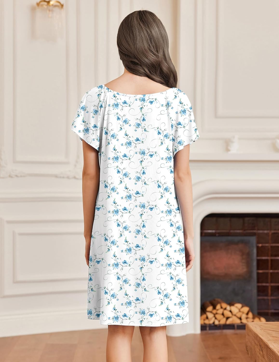 Floral sleep shirt nightdress on white base with blue floral prints, back view