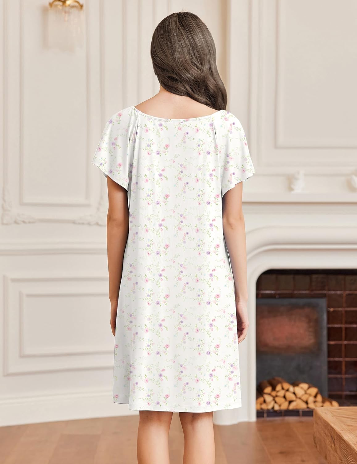 Floral sleep shirt nightdress on white base with small pink and green prints, back view