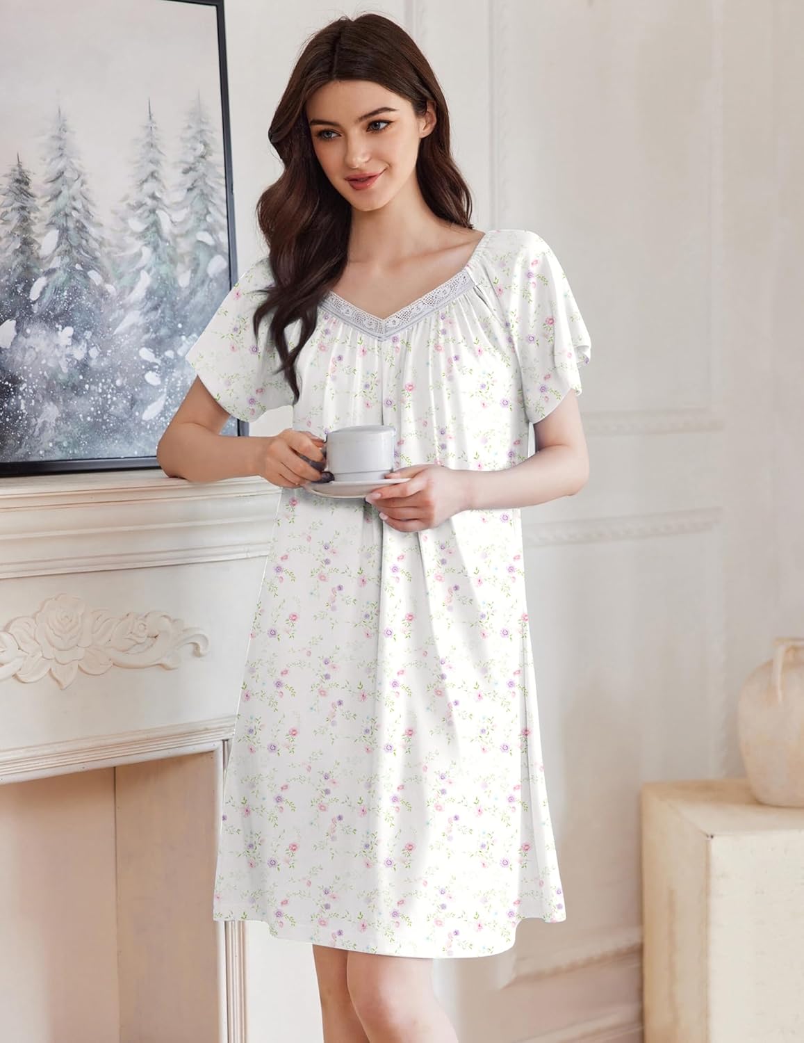 Light floral print sleep shirt dress with lace-trim V-neck and short flutter sleeves, front view.
