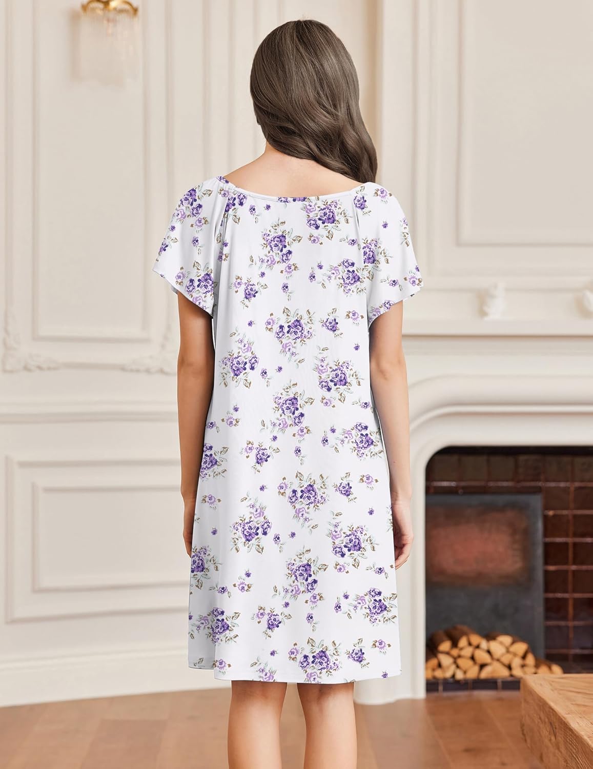 Floral print sleep shirt dress with lace-trim V-neck and short flutter sleeves, back view.