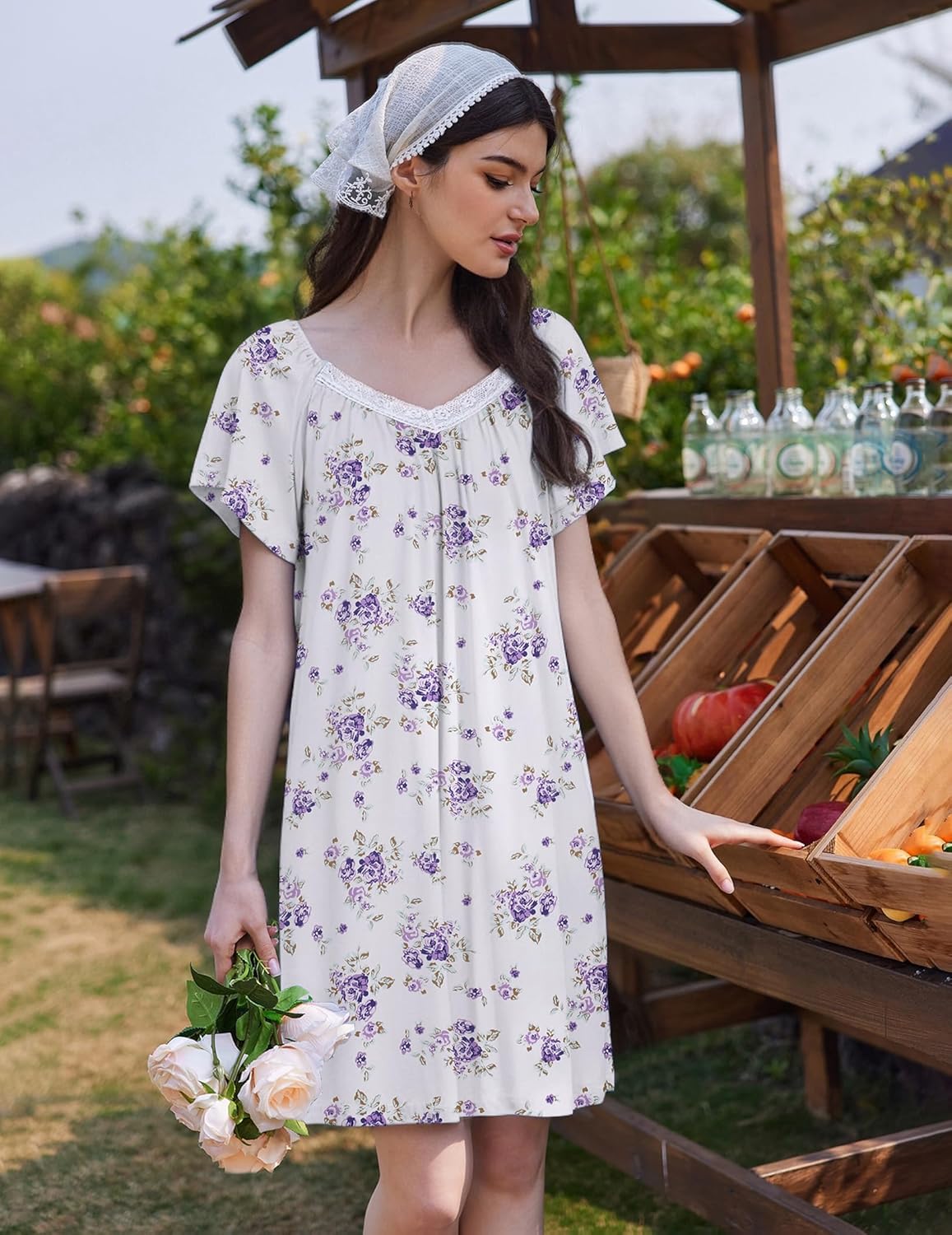 Floral print sleep shirt dress with lace-trim V-neck and short flutter sleeves, front view.