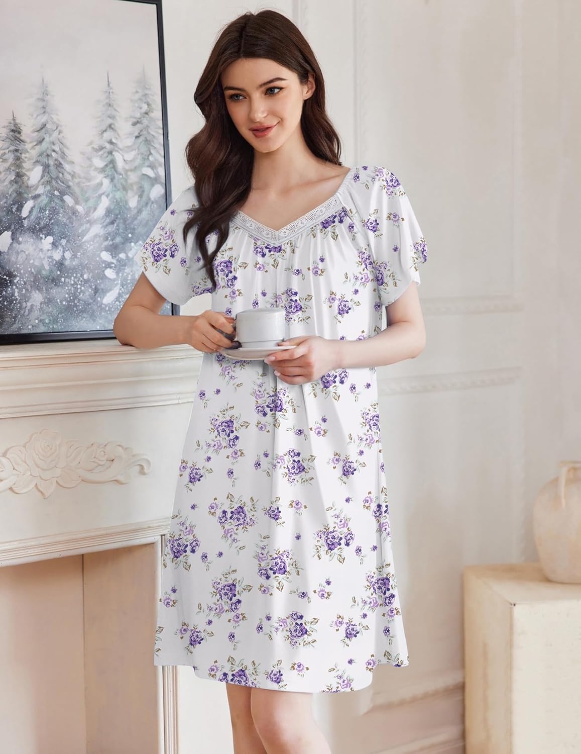 Lace-trimmed V-neck sleep shirt nightdress in white with purple floral print, flutter sleeves