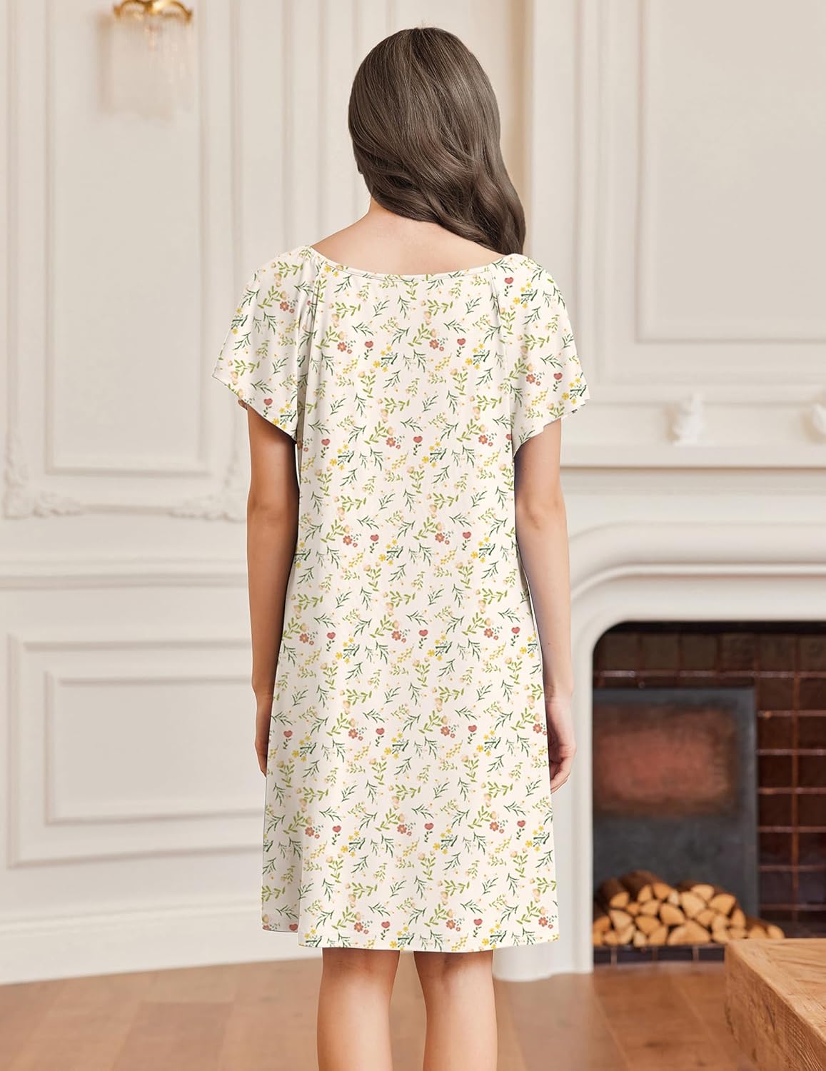 Floral print sleep shirt dress with lace-trim V-neck and short flutter sleeves, back view.