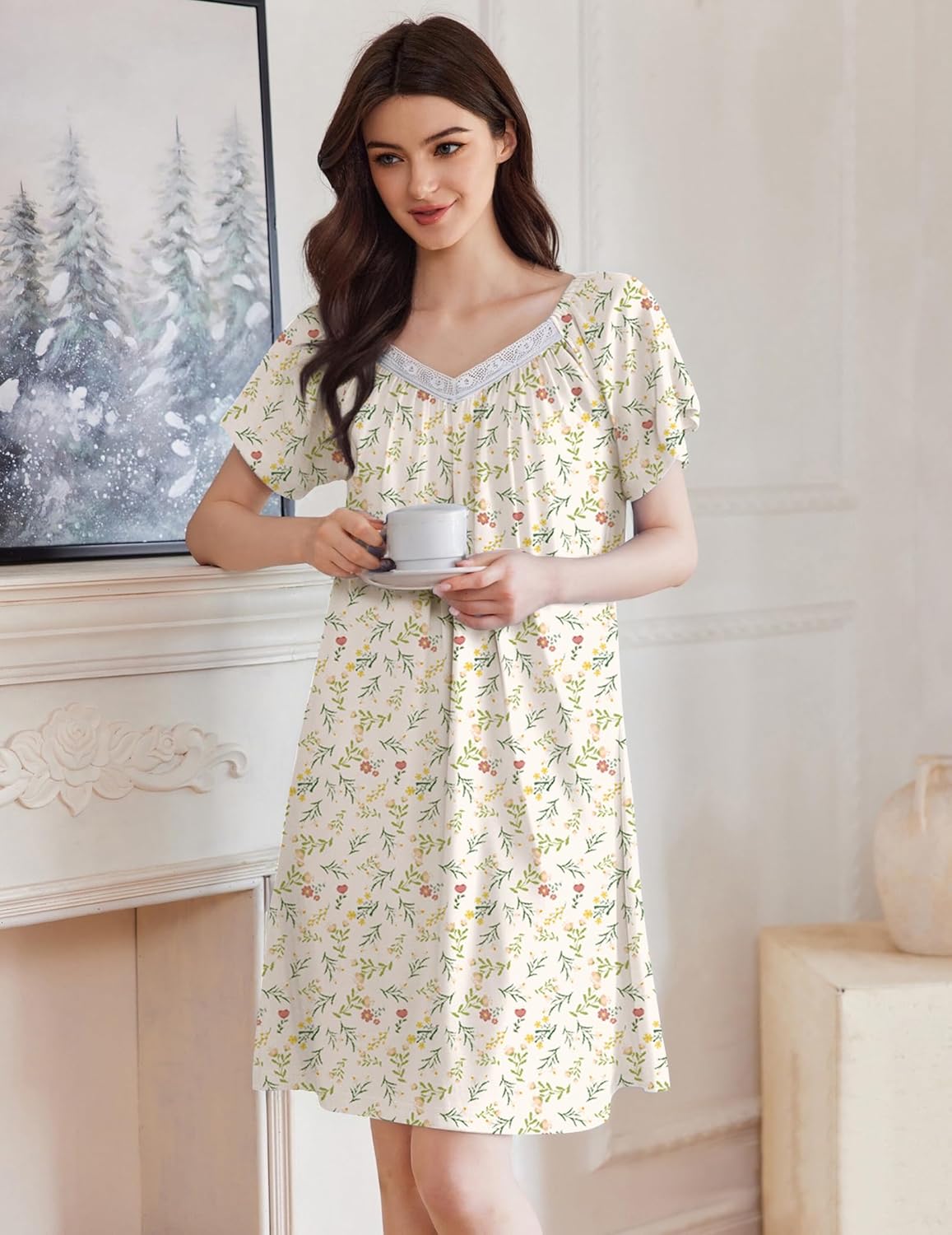 Floral print sleep shirt dress with lace-trim V-neck and short puff sleeves, front view.