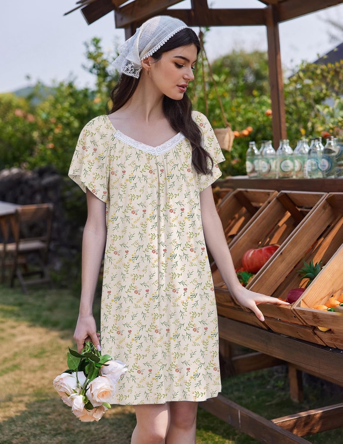 Floral print sleep shirt dress with lace-trim V-neck and short flutter sleeves, front view.
