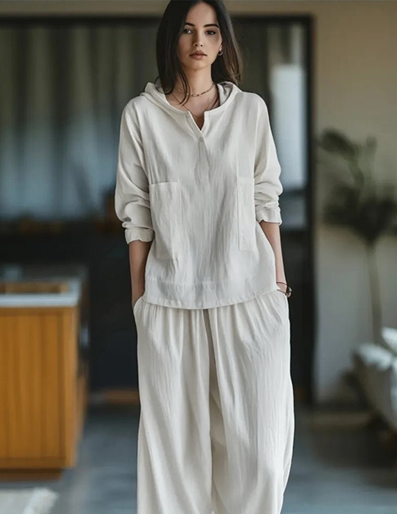 White cotton two-piece set, V-neck pullover top and wide-leg jogger pants