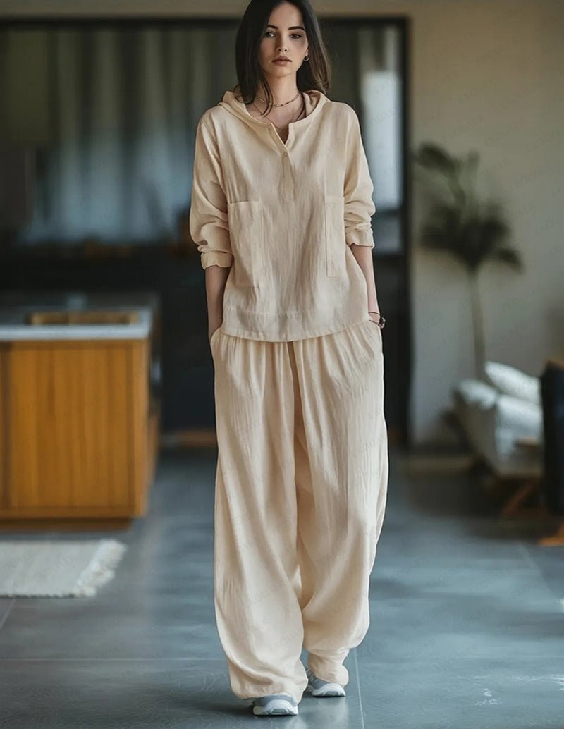 Apricot cotton two-piece set with hooded pullover and loose jogger pants