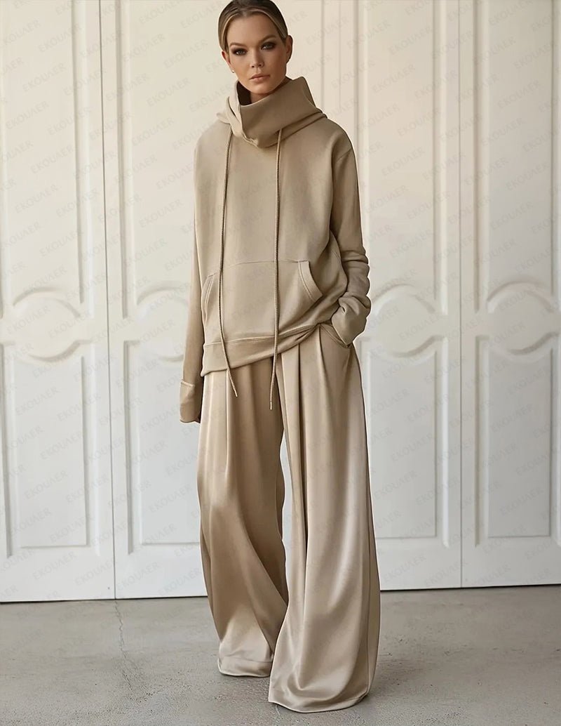 Khaki wide-leg lounge set with pullover hoodie and relaxed drawstring pants
