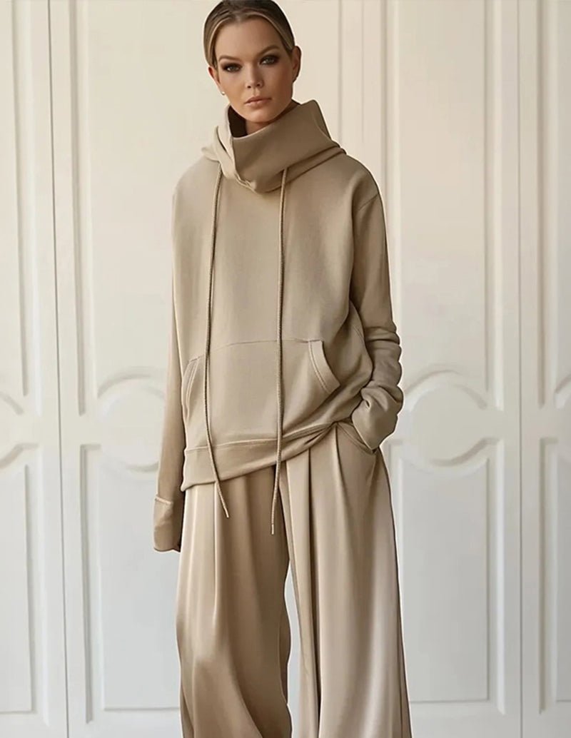 Khaki wide-leg lounge set with pullover hoodie and flowing drawstring pants