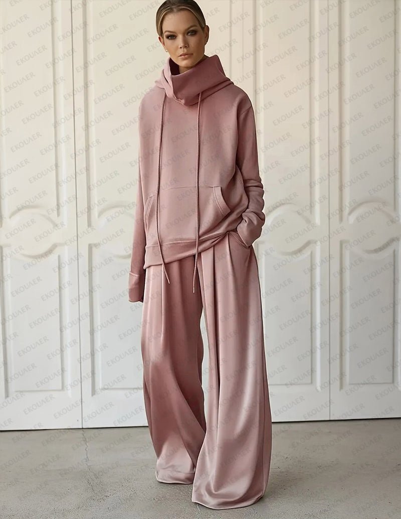 Pink wide-leg lounge set with pullover hoodie and relaxed drawstring pants
