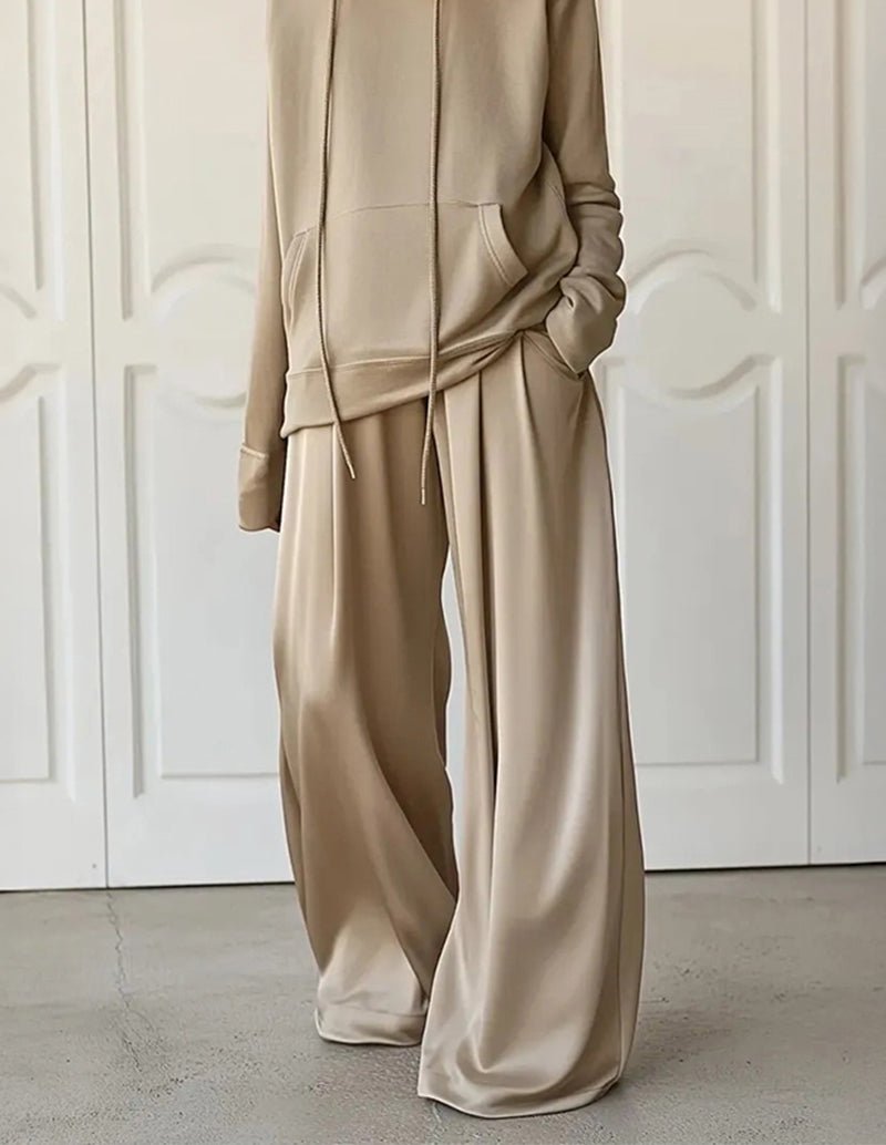 Khaki wide-leg lounge set with pullover hoodie and matching drawstring wide pants