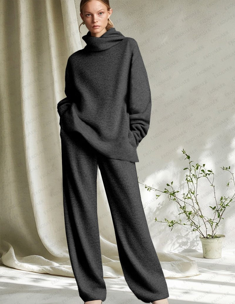 Black knit lounge set with cowl-neck sweatshirt and tapered jogger pants