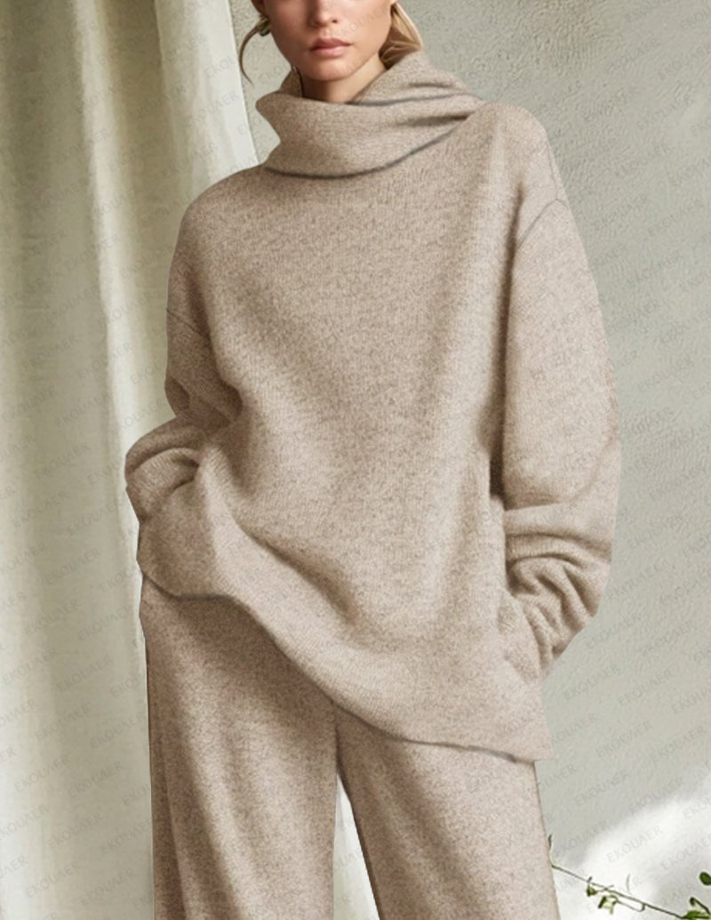 Beige knit lounge set with cowl-neck sweatshirt and wide jogger pants