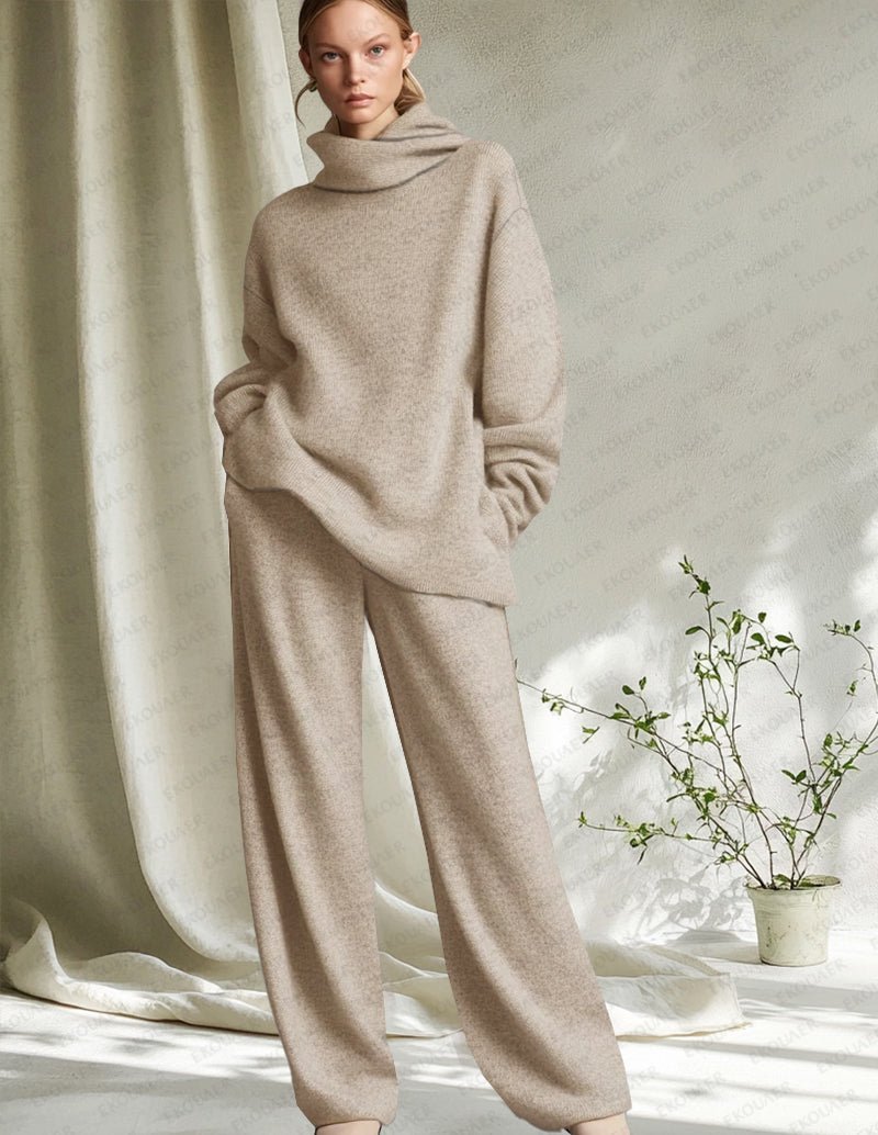 Khaki knit lounge set: cowl-neck sweatshirt and relaxed straight-leg pants