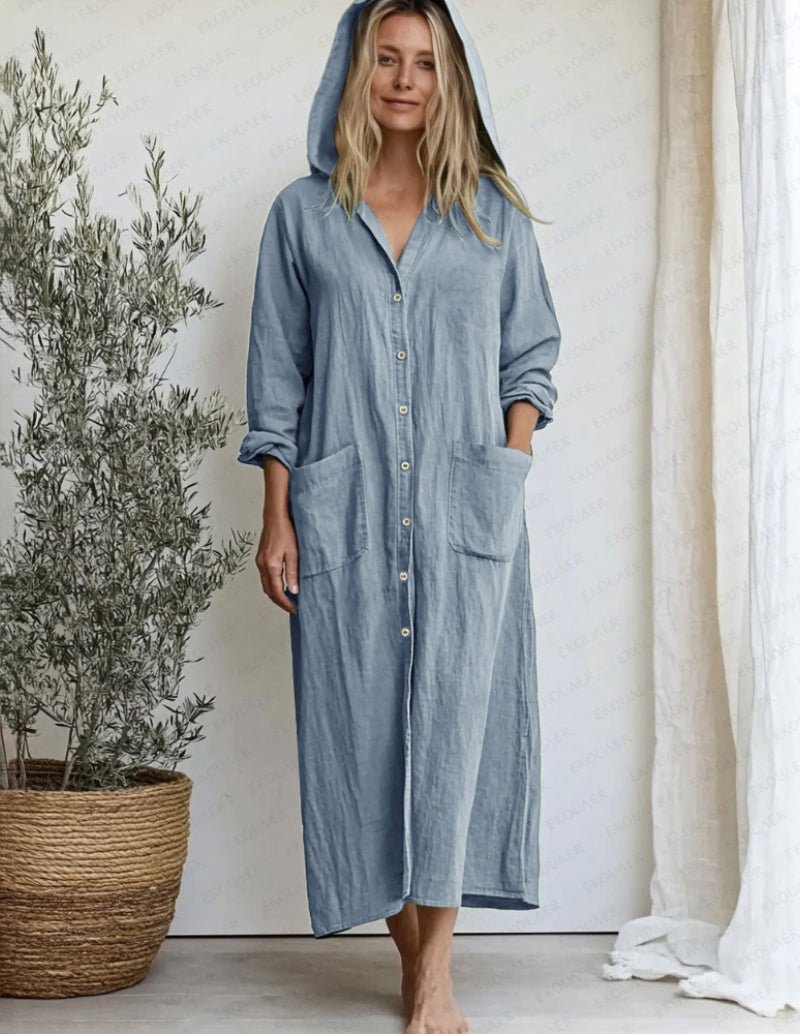 Blue cotton shirt sleep dress with hood, button front, and two side pockets
