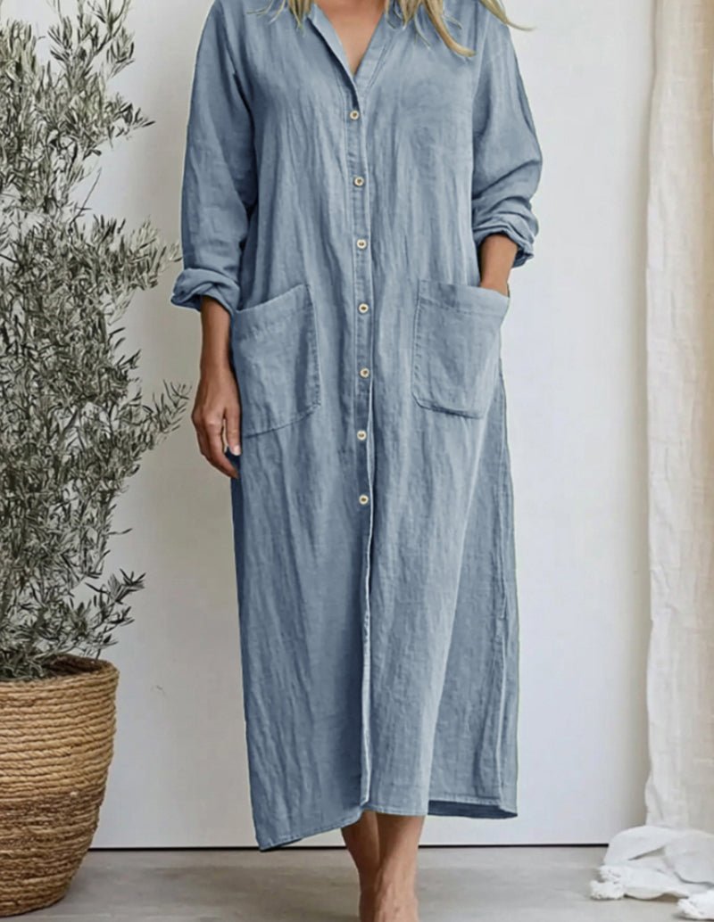 Blue hooded cotton shirt sleep dress with long sleeves, button front, and side pockets