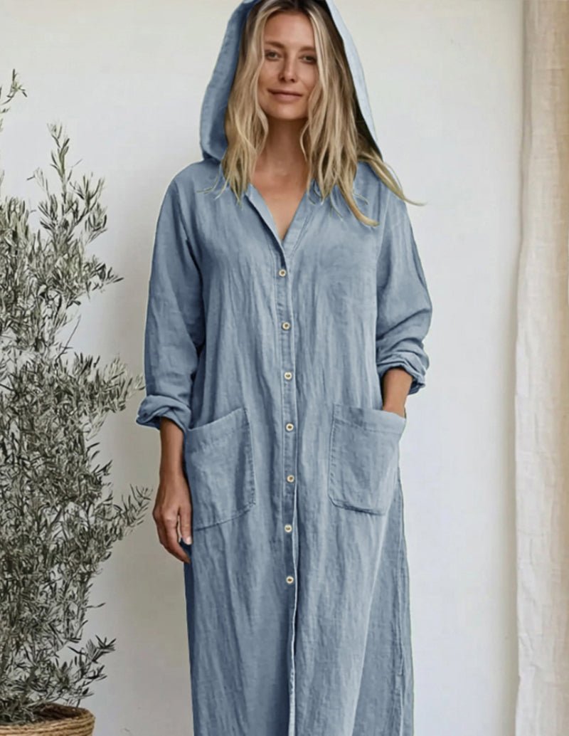 Blue hooded cotton shirt sleep dress with button placket and side pockets