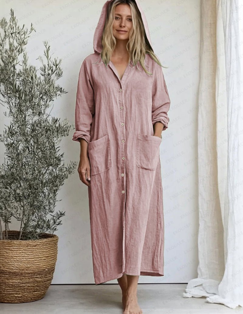 Pink cotton shirt sleep dress with hood, button front, and two side pockets