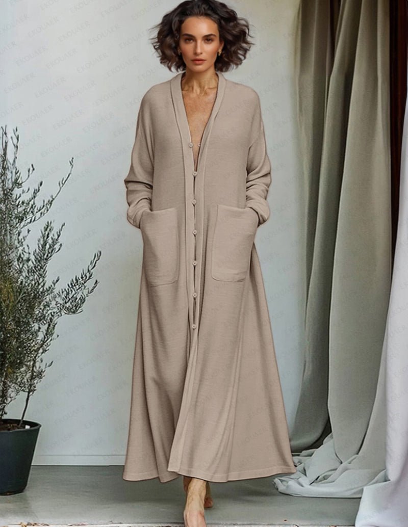 Khaki longline lounge cardigan with V-neck, button front, and patch pockets