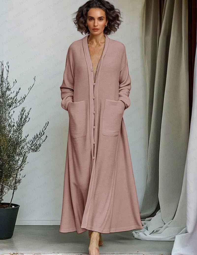 Pink longline lounge cardigan with V-neck, button front, and patch pockets