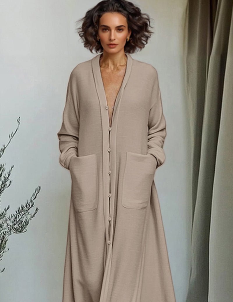 Beige longline lounge cardigan with V-neck, button placket, and patch pockets