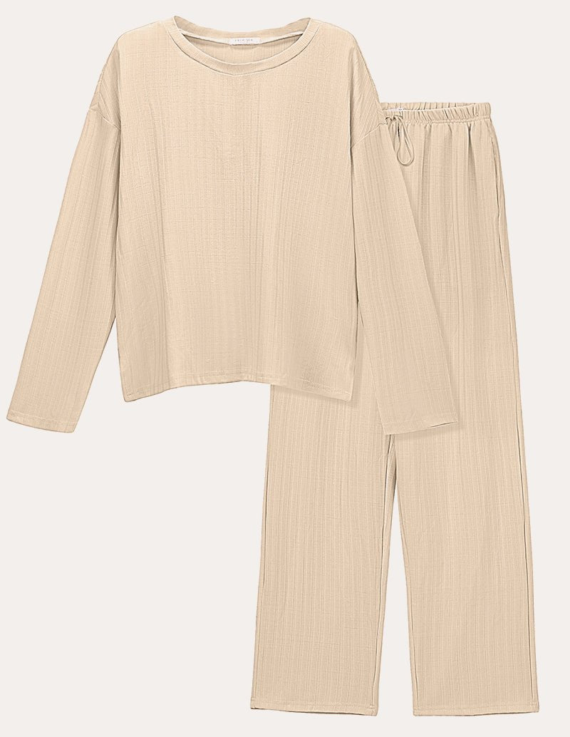Beige ribbed knit lounge set with long-sleeve cropped top and wide-leg pants
