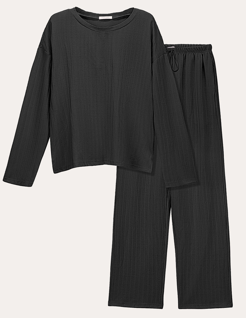 Dark grey ribbed knit lounge set with long-sleeve cropped top and wide-leg pants
