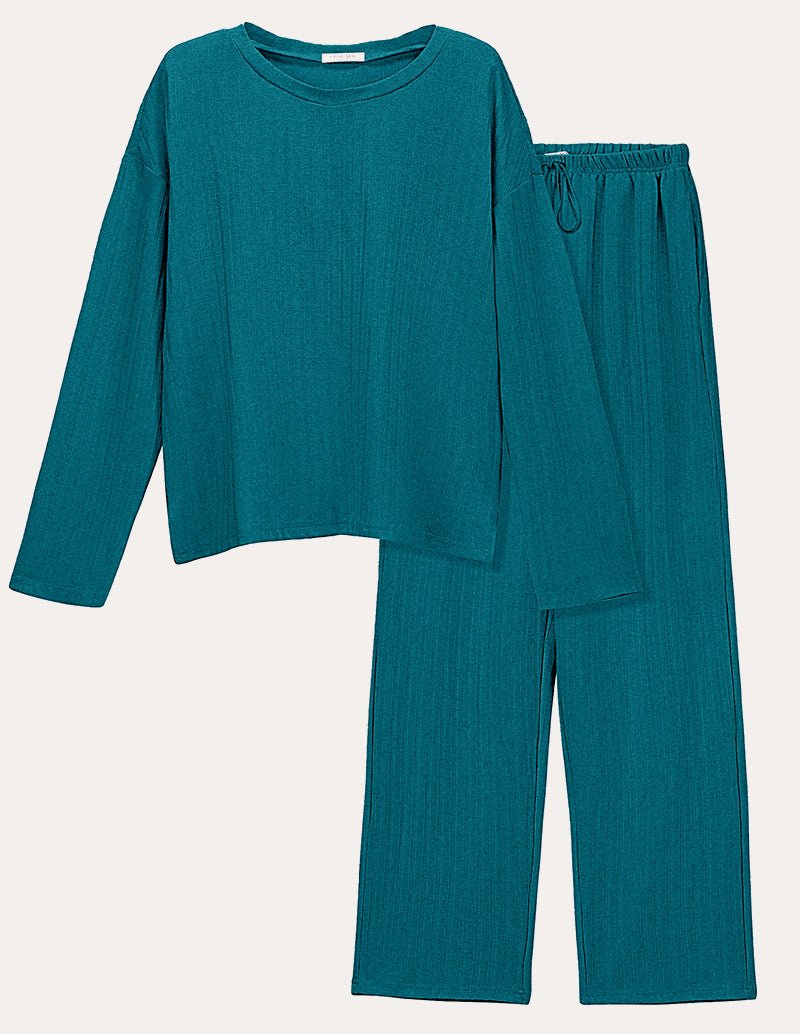 Teal ribbed knit lounge set with long-sleeve cropped top and wide-leg pants
