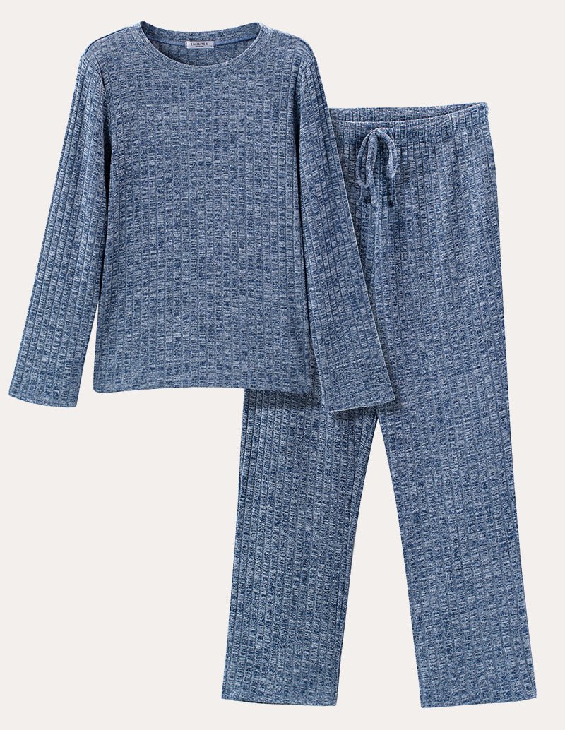 Blue ribbed knit lounge set with long-sleeve crewneck top and drawstring waist pants.