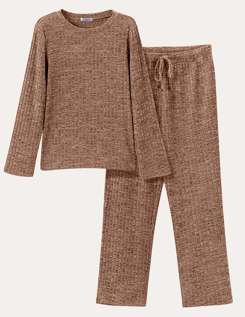 Brown ribbed knit lounge set with long-sleeve crewneck top and drawstring waist pants.