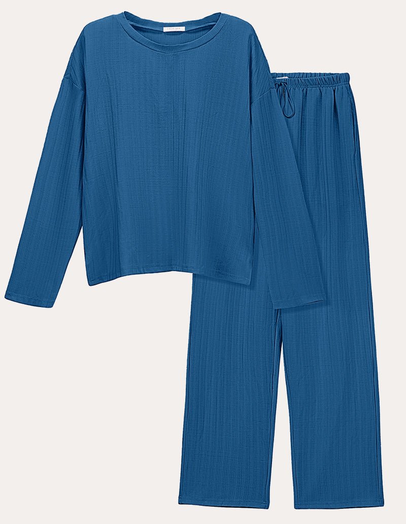 Blue ribbed knit lounge set with long-sleeve cropped top and wide-leg pants