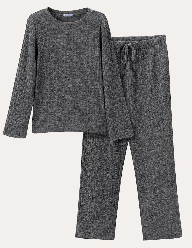 Dark grey ribbed knit lounge set with long-sleeve crewneck top and drawstring pants.