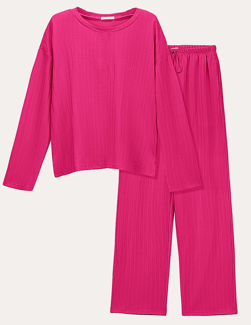 Hot pink ribbed knit lounge set with long-sleeve cropped top and wide-leg pants