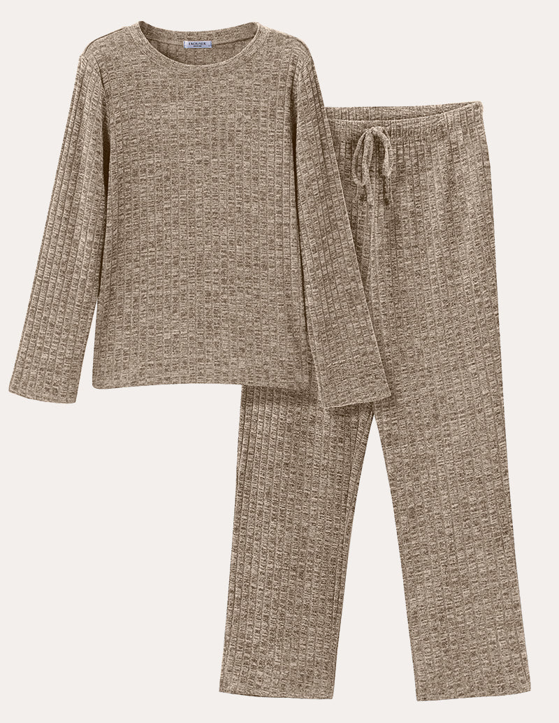 Beige ribbed knit lounge set with long-sleeve crewneck top and drawstring waist pants.