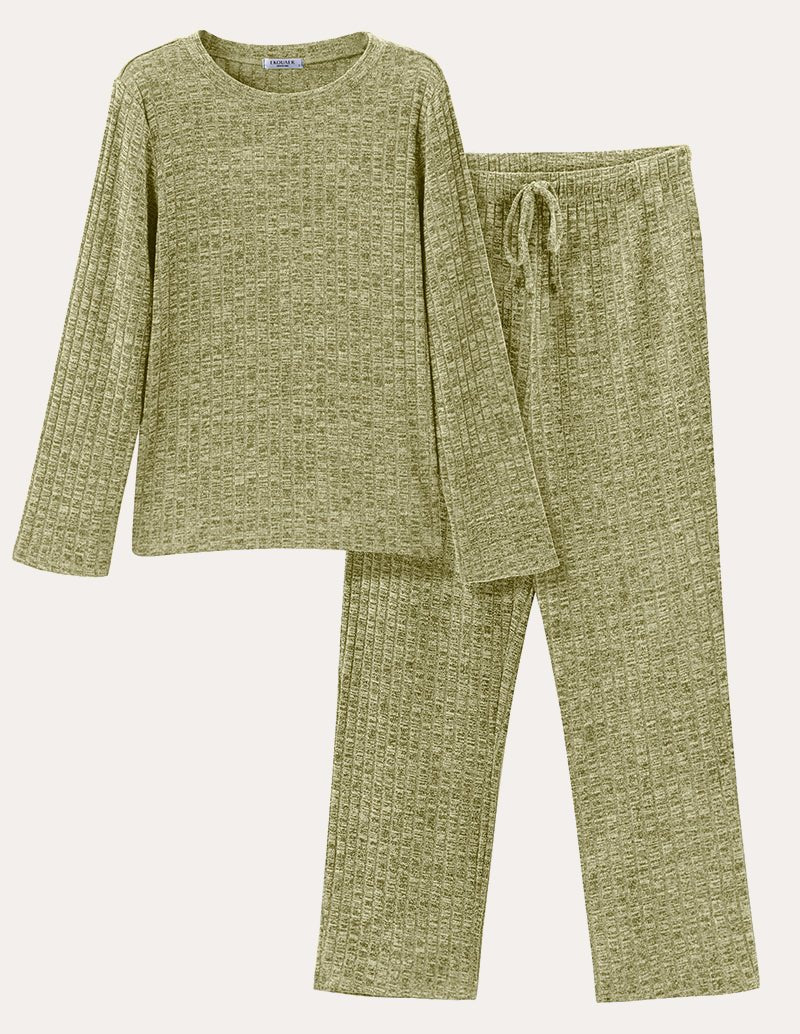 Light green ribbed knit lounge set with long-sleeve crewneck top and drawstring pants.