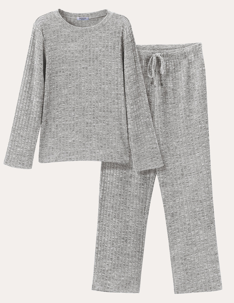 Light grey ribbed knit lounge set with long-sleeve crewneck top and drawstring waist pants.