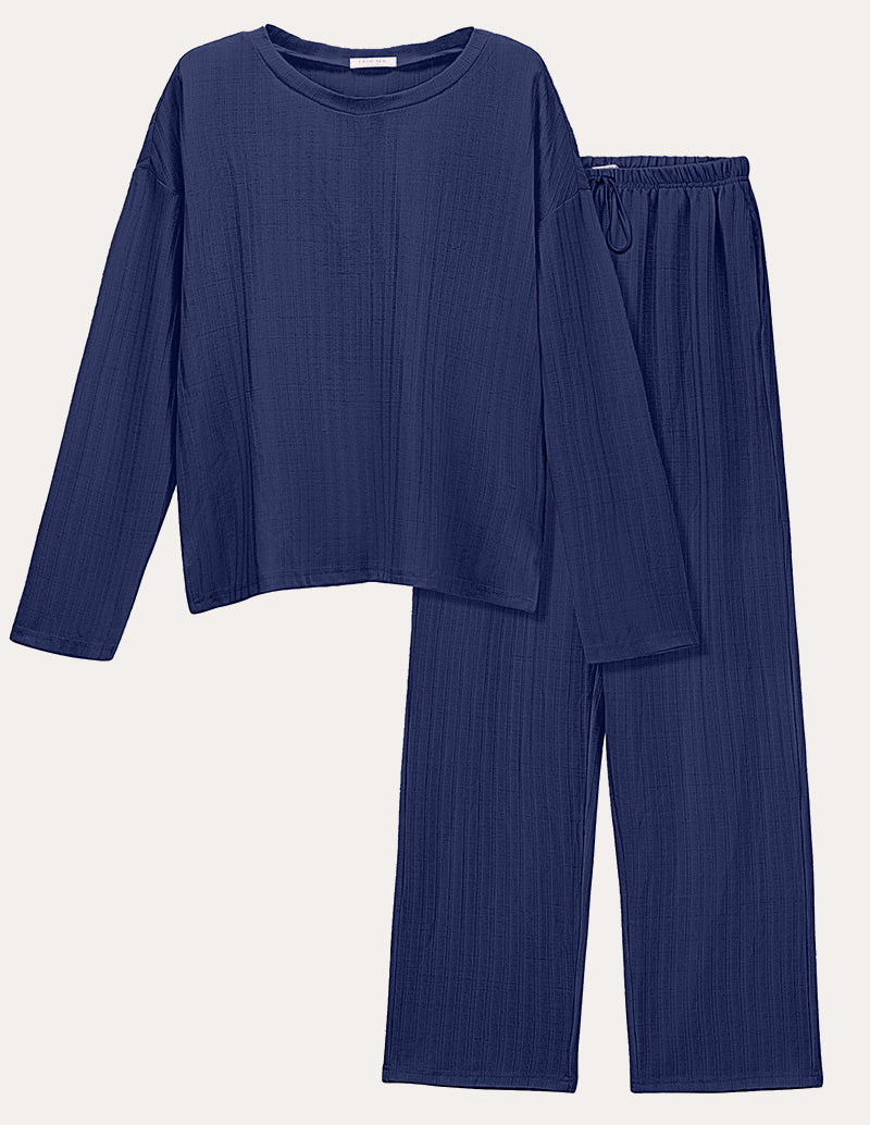 Navy ribbed knit lounge set with long-sleeve cropped top and wide-leg pants