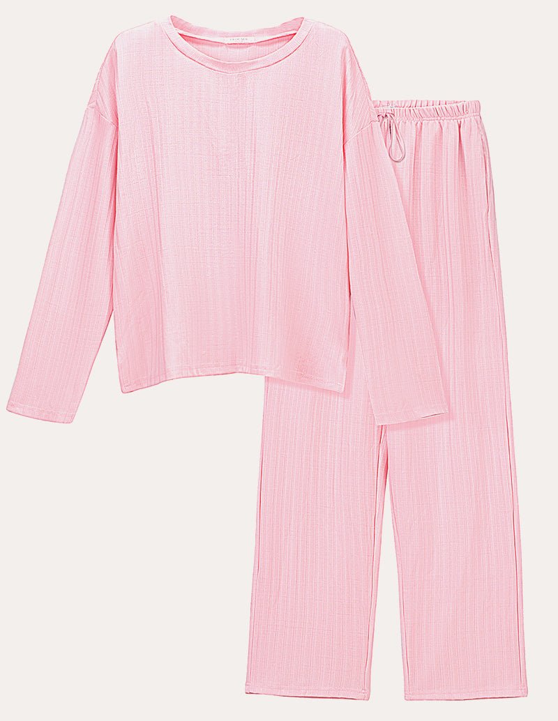 Light pink ribbed knit lounge set with long-sleeve cropped top and wide-leg pants