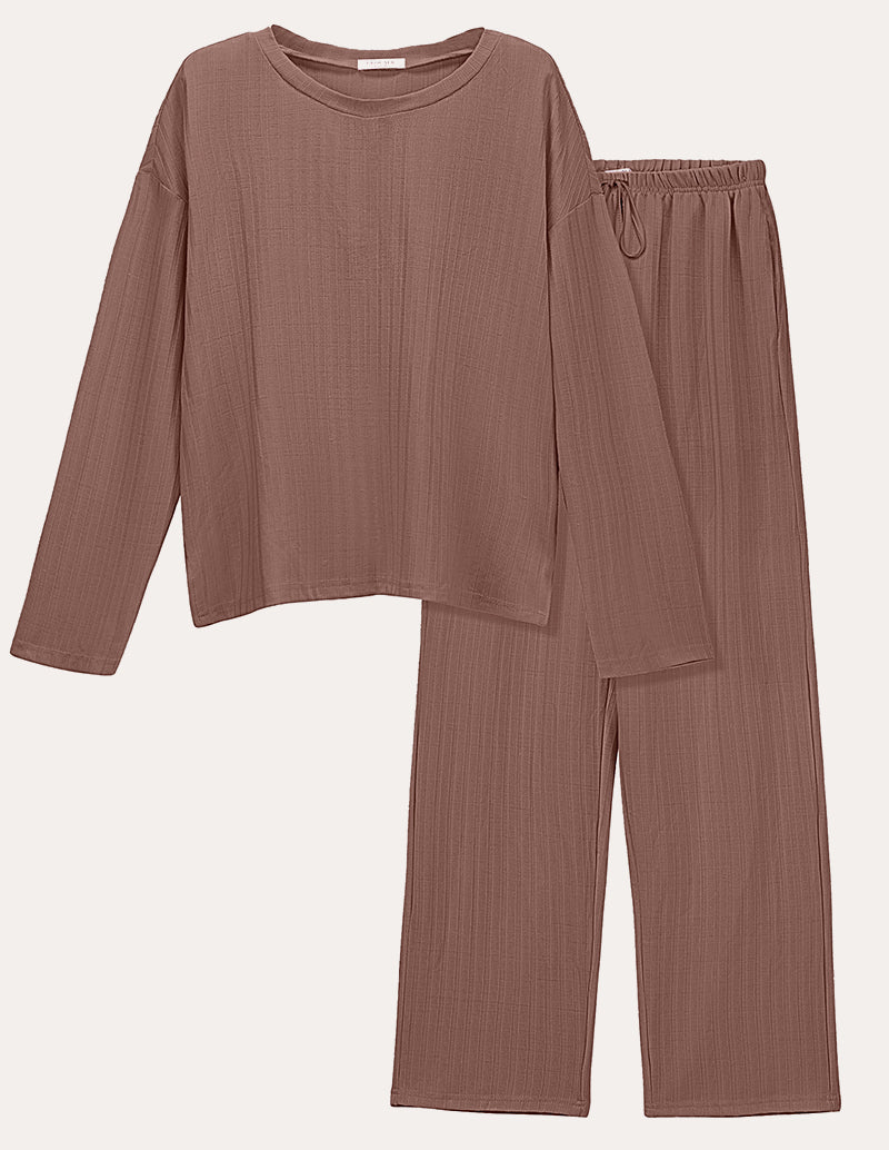 Taupe brown ribbed knit lounge set with long-sleeve crewneck top and drawstring pants.