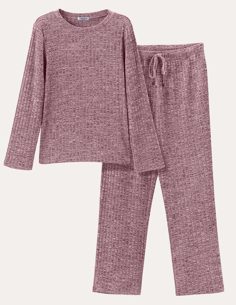Mauve/purple ribbed knit lounge set with long-sleeve crewneck top and drawstring pants.