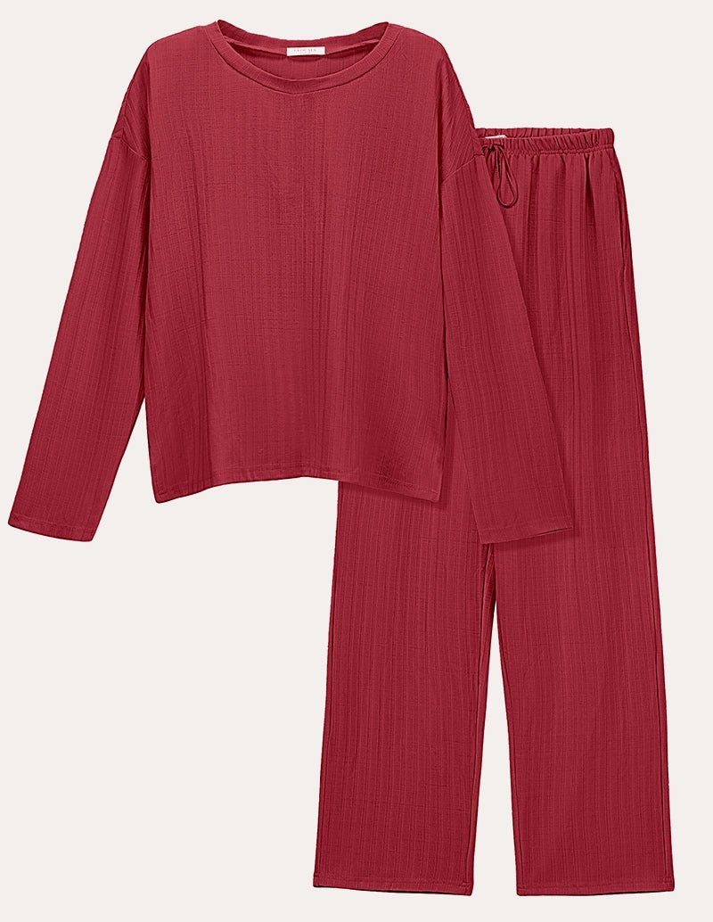 Wine red ribbed knit lounge set with long-sleeve cropped top and wide-leg pants