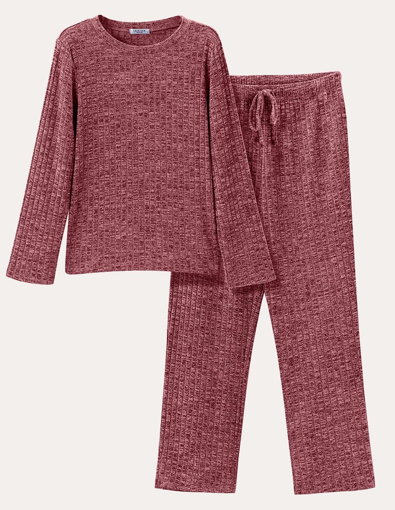 Wine red ribbed knit lounge set with long-sleeve crewneck top and drawstring waist pants.