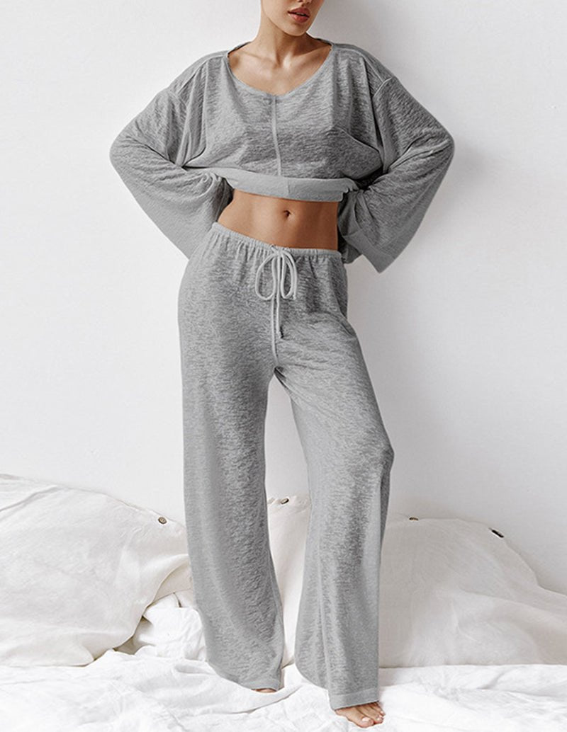 Gray knit loungewear set with long sleeves and drawstring pants