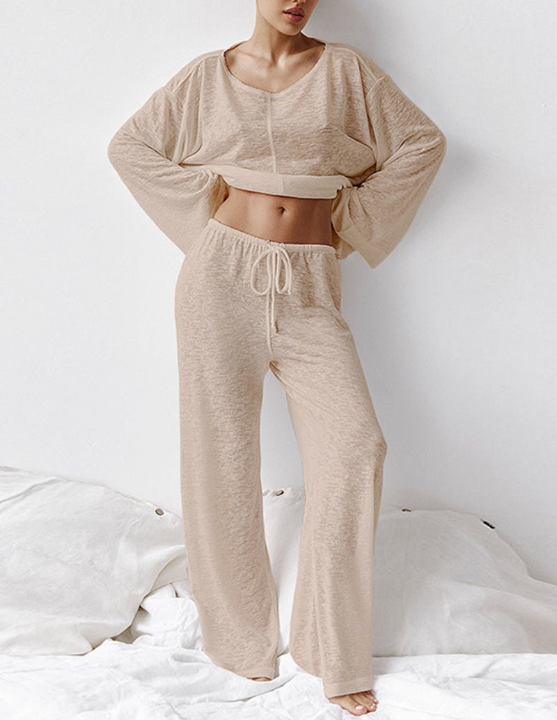 Beige knit loungewear set with long sleeves and drawstring pants