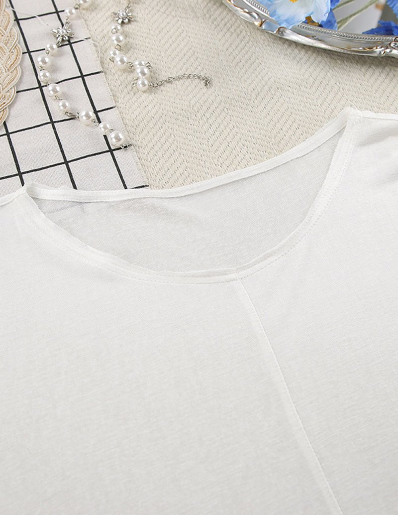 White knit loungewear top with wide neckline and stitched trim