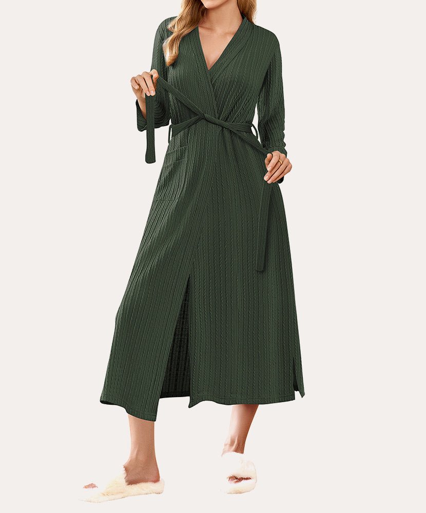 Lightweight long waffle robe, green, V-neck with waist tie belt and long sleeves.